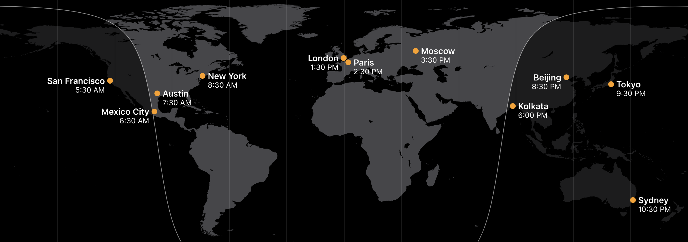 World Clock Map showing class times across different time zones